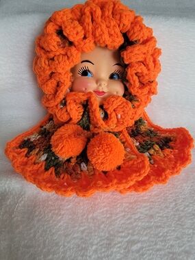 Vintage Handmade Bright Orange Crochet Doll Hood with Pom Poms
